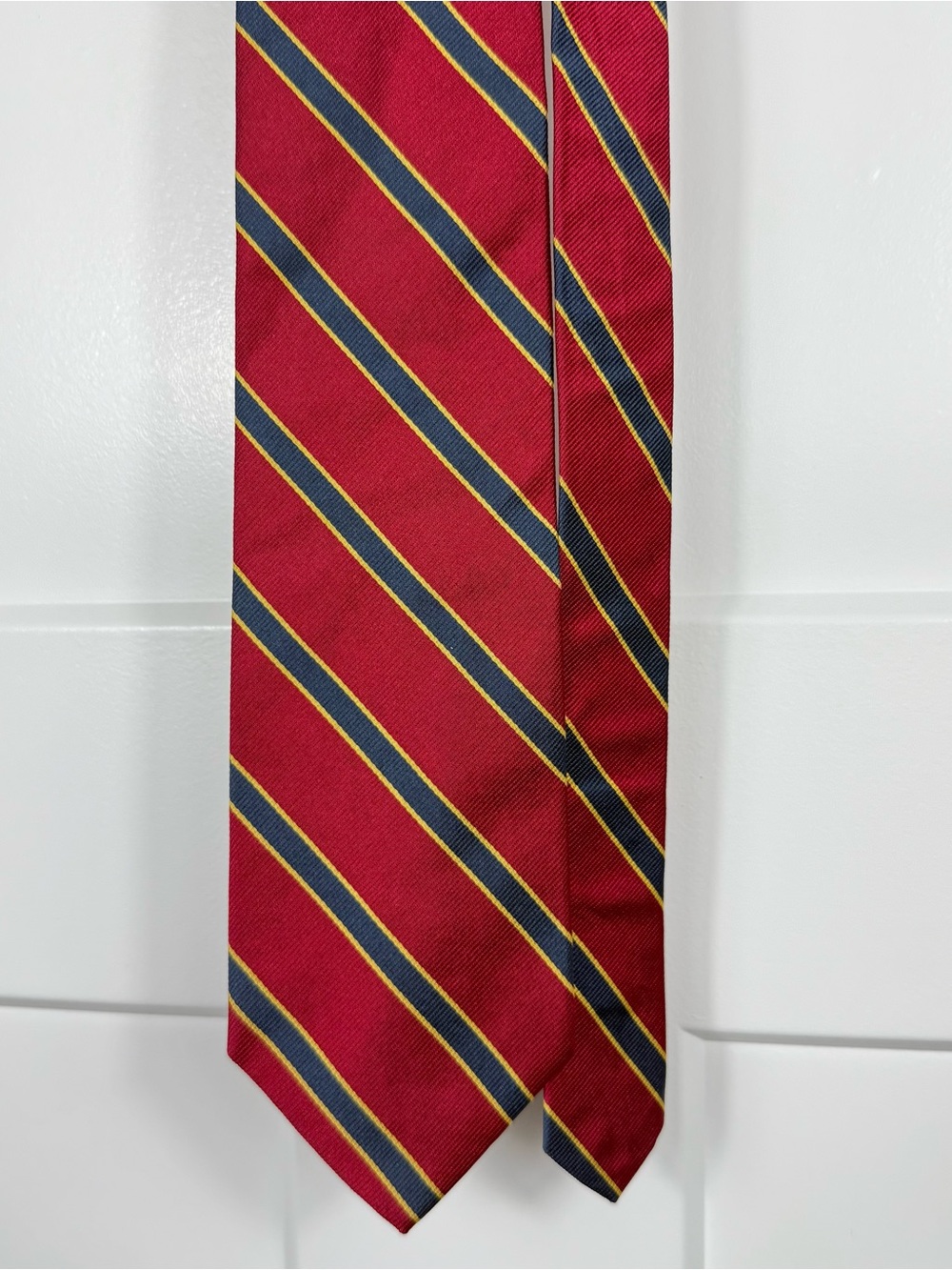 Brooks Brothers All Silk Repp Stripe Tie Red Navy Gold Made USA Irregular